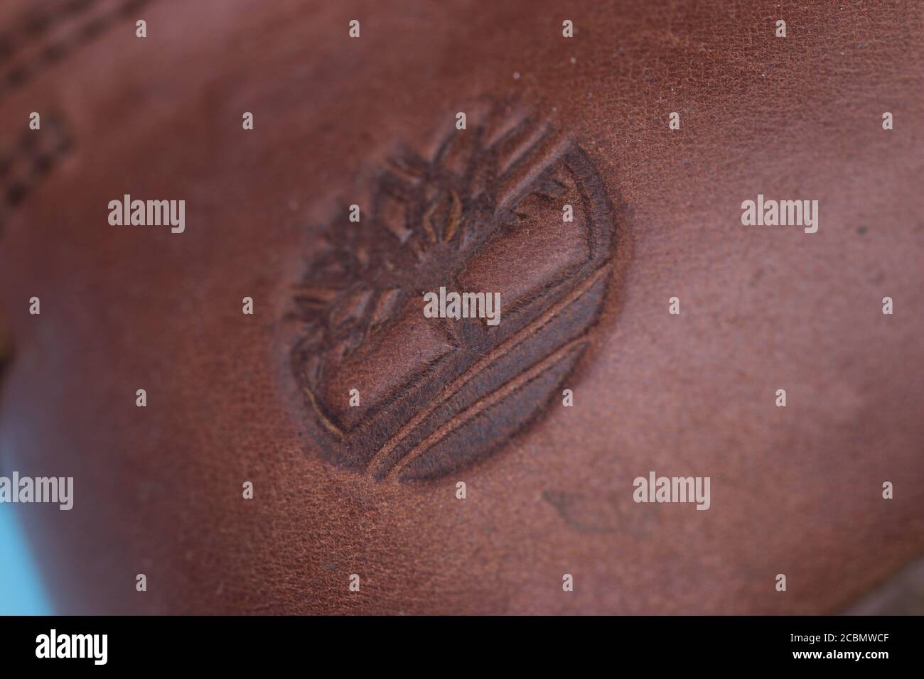 Moscow, Russia - 1 June 2020: Timberland logo close-up on leather, Illustrative Editorial Stock Photo