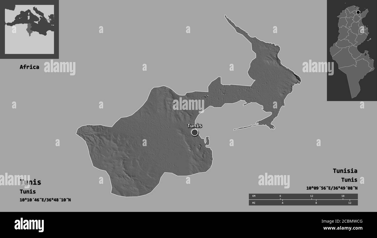 Shape of Tunis, governorate of Tunisia, and its capital. Distance scale, previews and labels