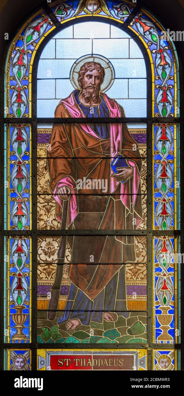 PRAGUE, CZECH REPUBLIC - OCTOBER 13, 2018: The apostle Saint Jude Thaddeus in the stained glass of the church kostel Svatého Václava  (end of 19. cent Stock Photo