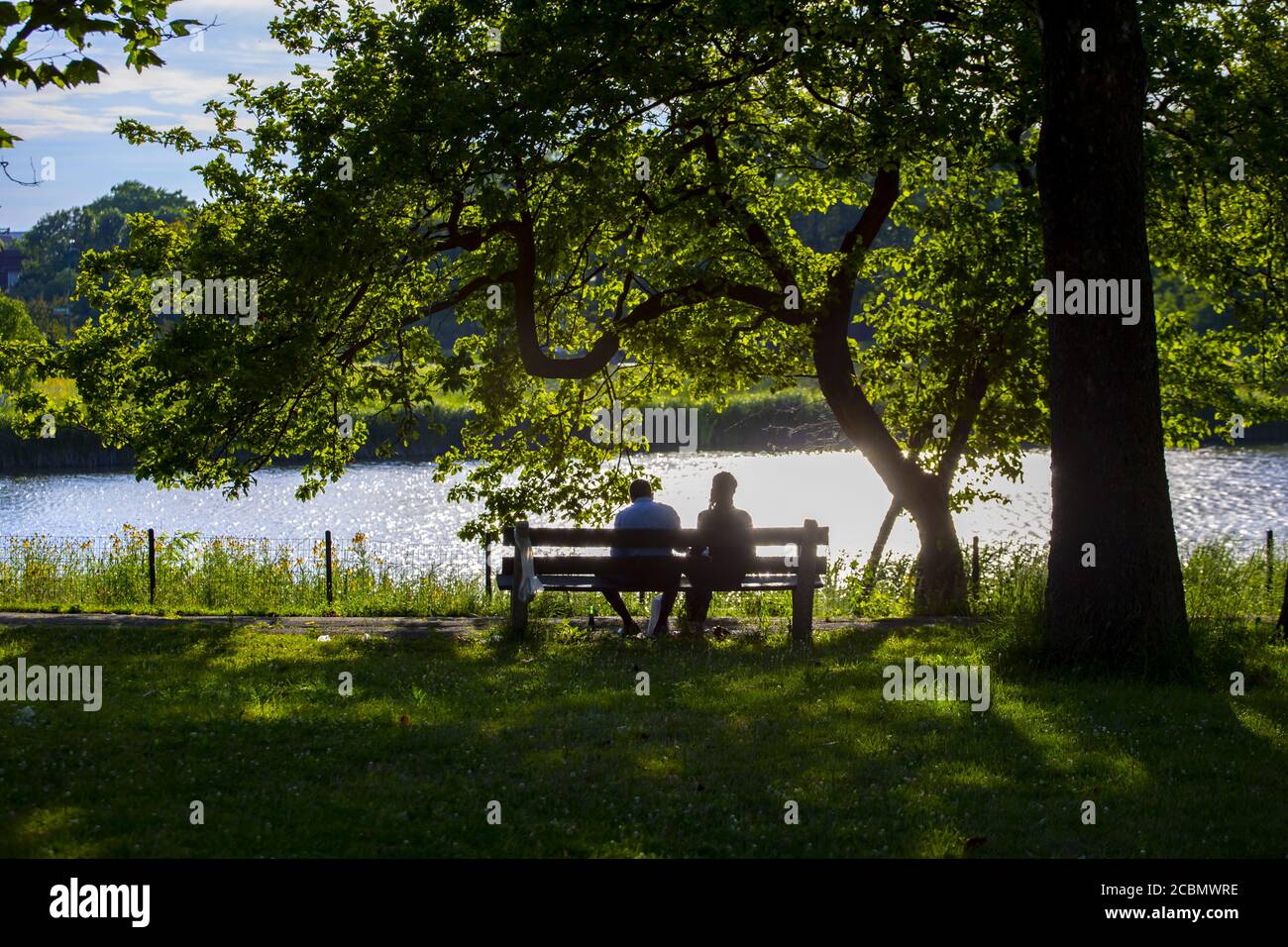 a couple silhouette sitting romantically on a park bench Stock Photo ...
