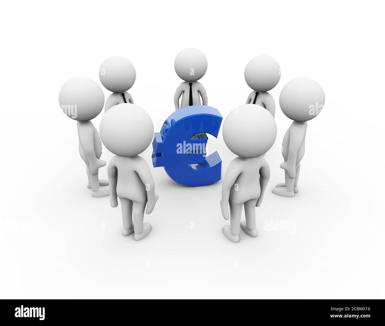3D rendering of white human figures and blue Euro symbol on the center ...