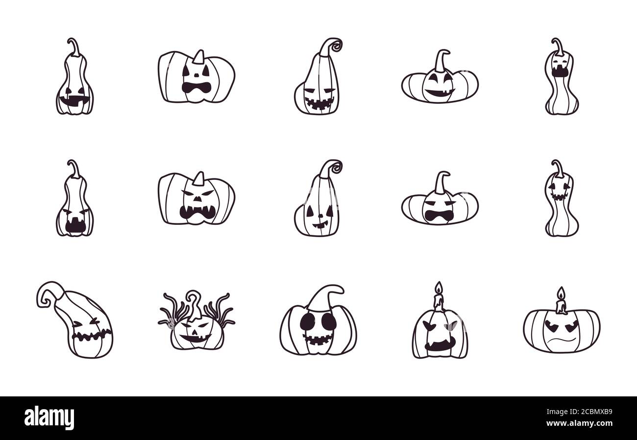 pumpkins cartoons free form line style set of icons design, Halloween and holiday theme Vector illustration Stock Vector
