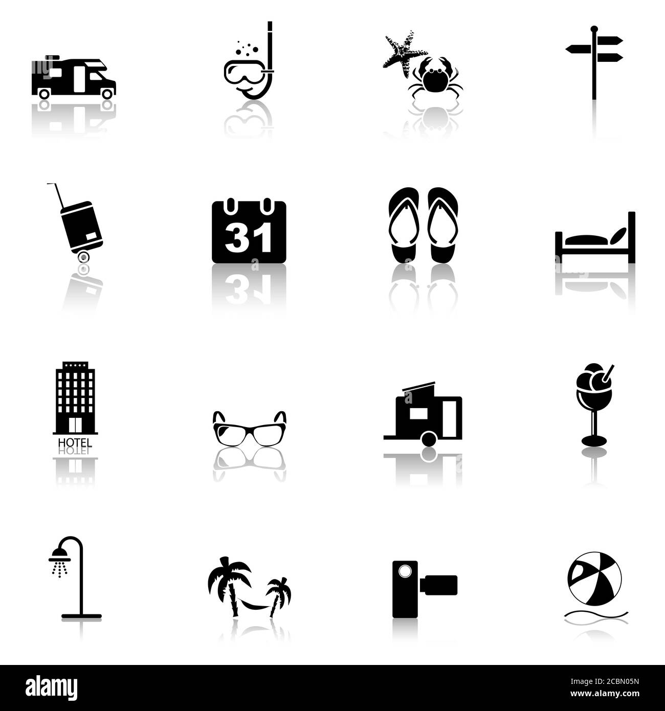 Illustration of black vacation-related icons with reflections isolated on a white background Stock Photo