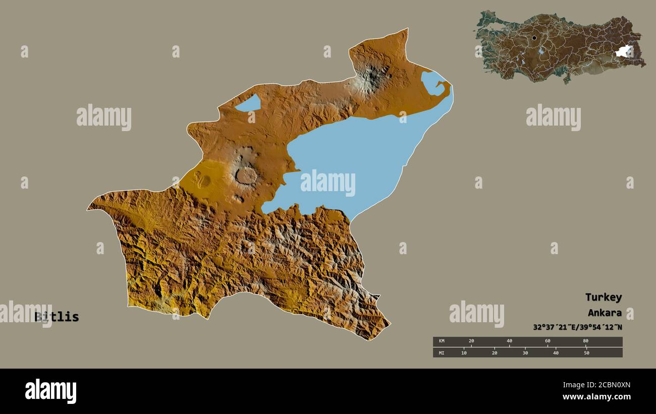 Shape of Bitlis, province of Turkey, with its capital isolated on solid ...