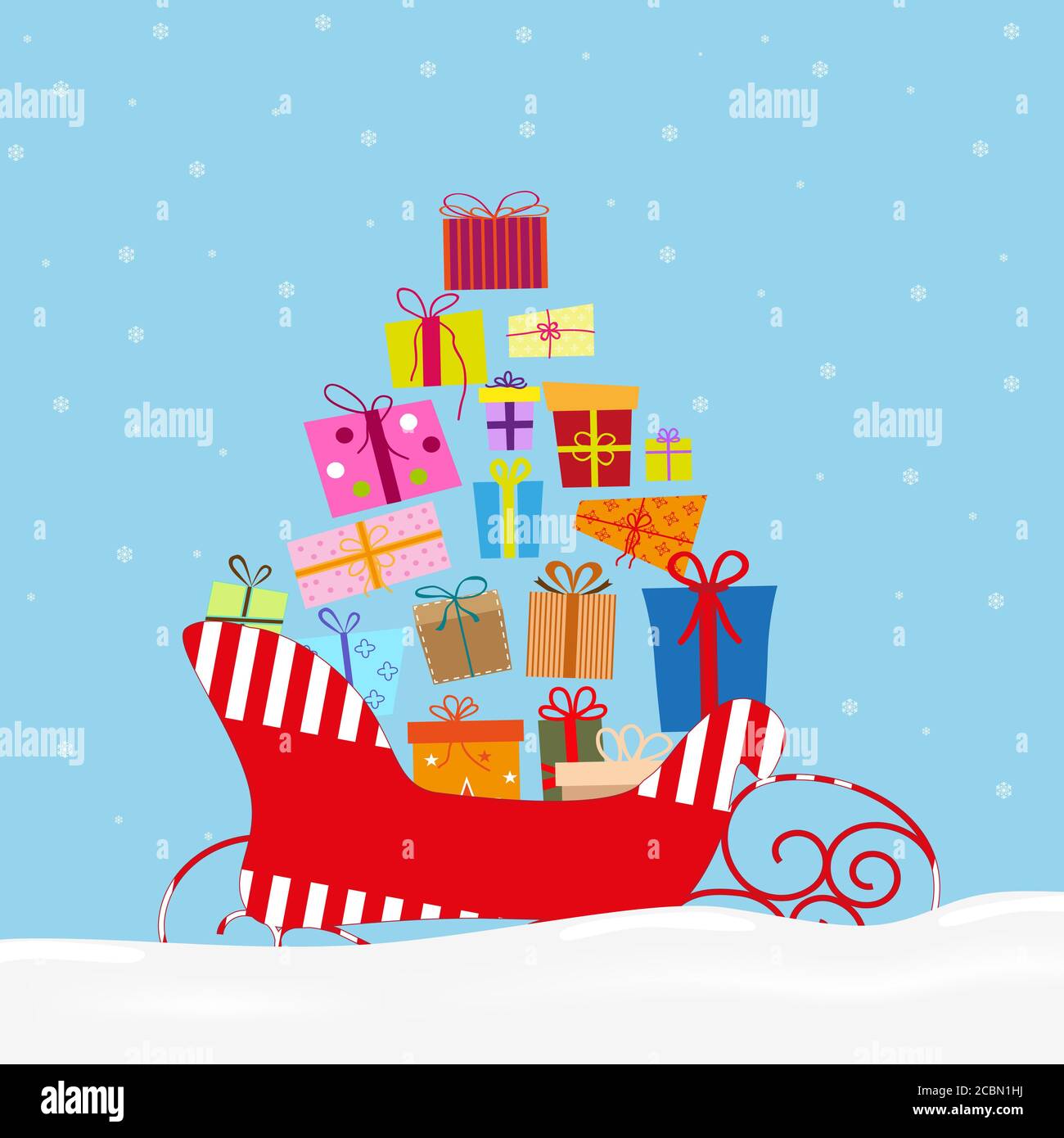 Illustration of Christmas gift boxes in Santa's sleigh Stock Photo - Alamy
