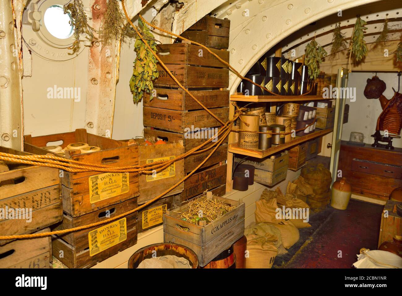 Interior of historic ocean liner SS Great Britain, food storage as it might have been in 1843 Stock Photo