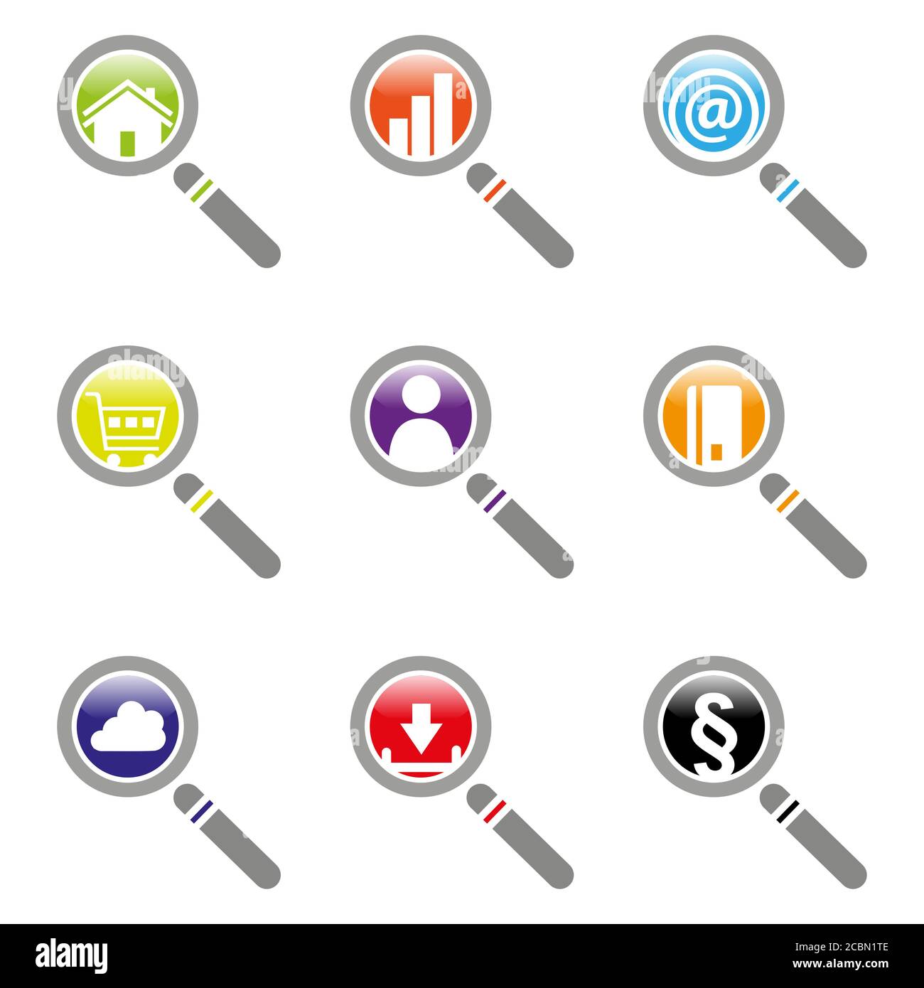 Illustration of different digital colorful icons in magnifiers isolated