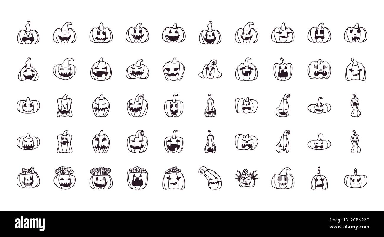 pumpkins cartoons free form line style 50 icon set design, Halloween and holiday theme Vector illustration Stock Vector