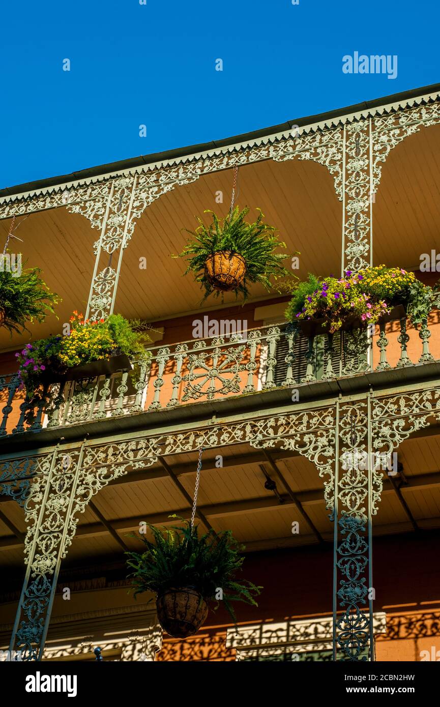 Detail of wrought iron balconies in the historic French Quarter of New ...