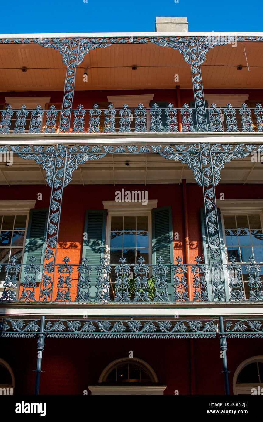 Detail of wrought iron balconies in the historic French Quarter of New ...