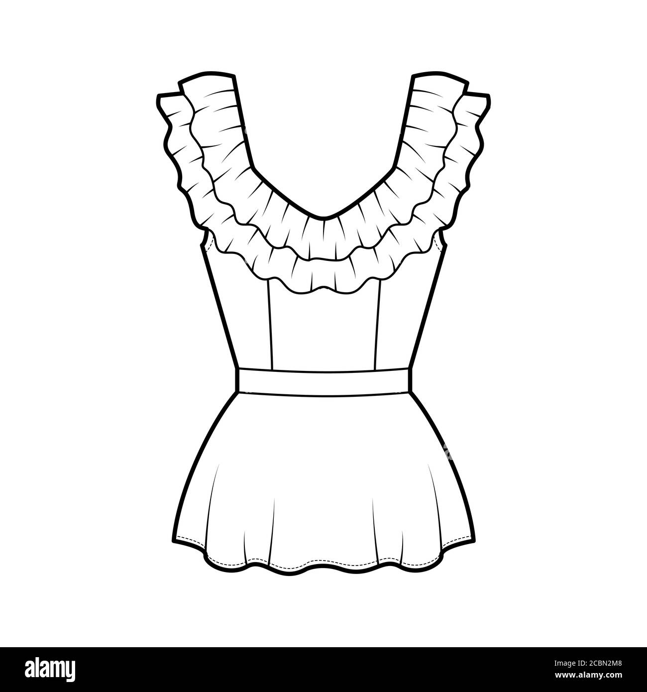 Peplum blouse technical fashion illustration with 2 layers of ruffles along the diamond neckline, back zip fastening. Flat apparel shirt template front, white color. Women men unisex top CAD mockup Stock Vector