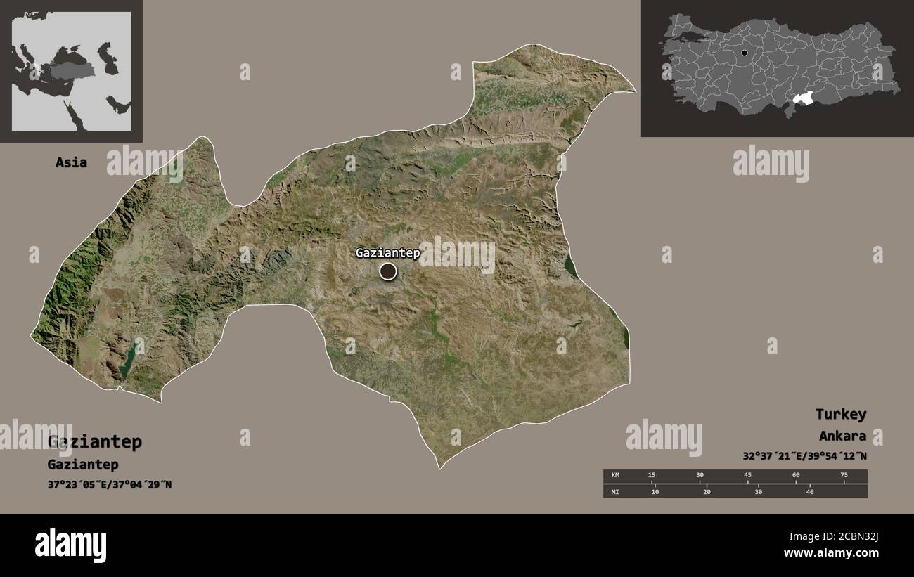 Shape of Gaziantep, province of Turkey, and its capital. Distance scale, previews and labels. Satellite imagery. 3D rendering Stock Photo