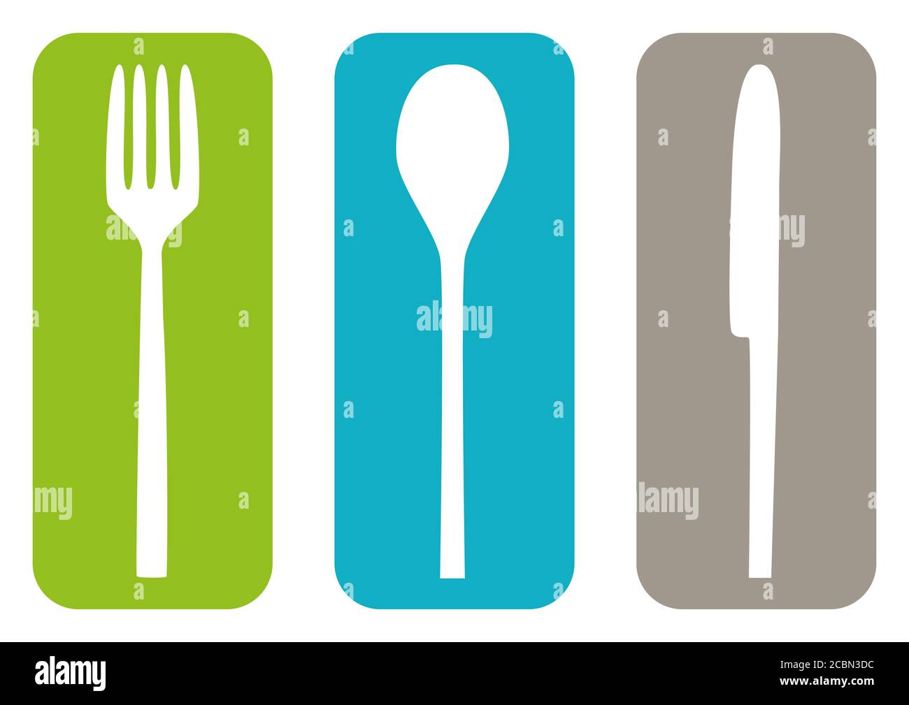 Illustration of fork, spoon, and knife icons on colorful backgrounds perfect for logos Stock