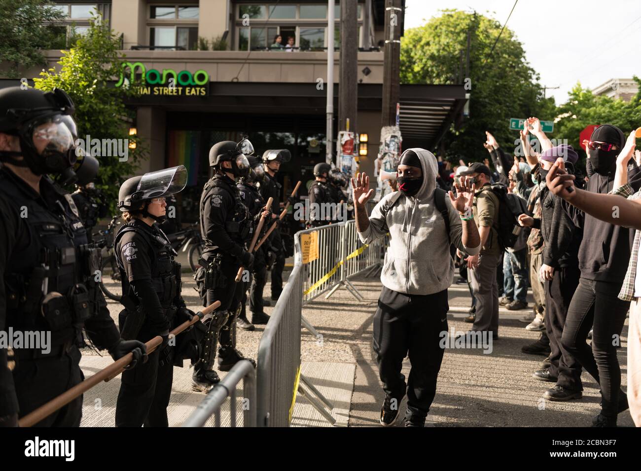 Seattle Pd Protesters Seattle, USA May 31, 2020: Protestors facing off with police at the ...