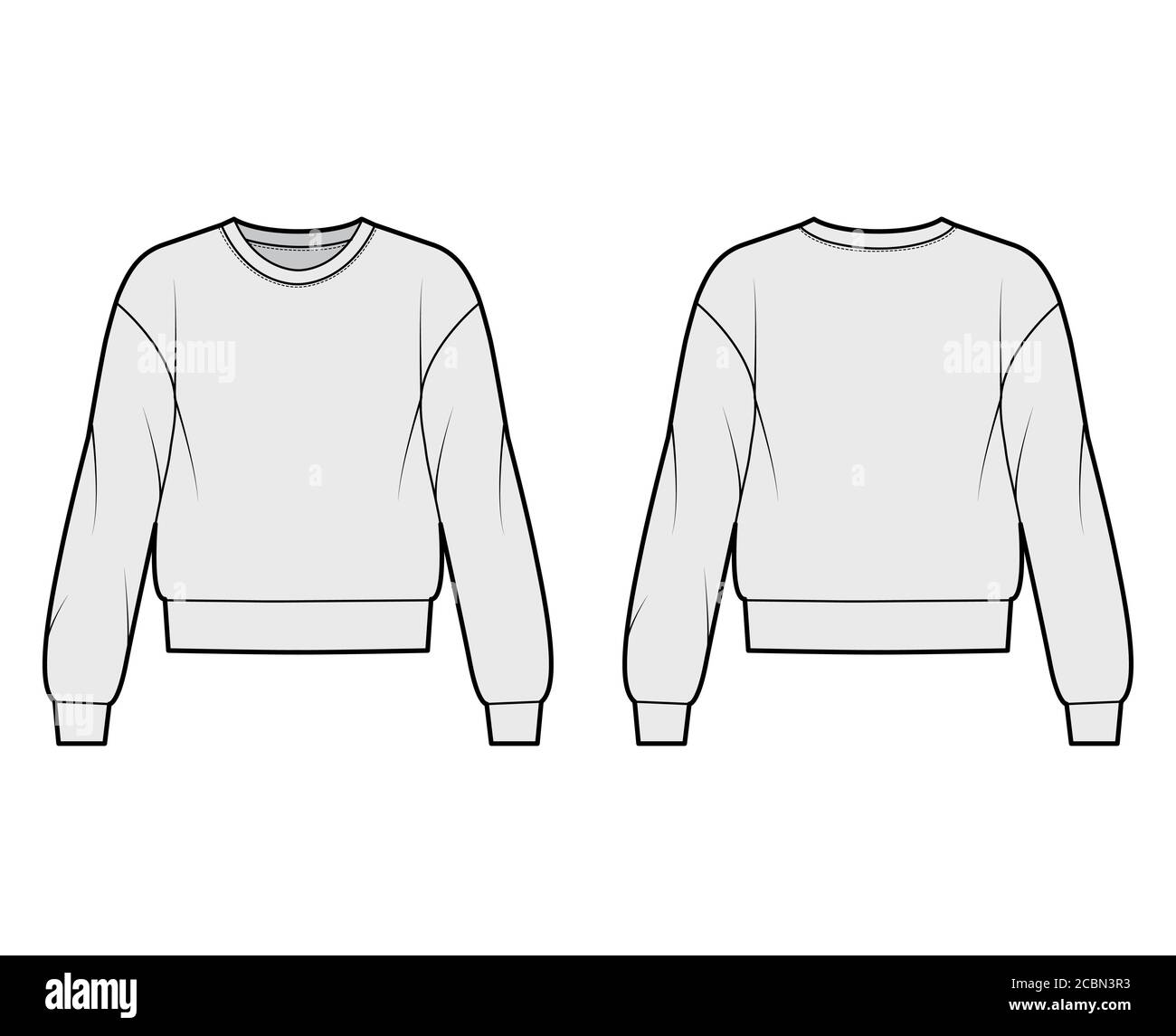 Cotton-terry sweatshirt technical fashion illustration with relaxed fit, crew neckline, long sleeves. Flat outwear jumper apparel template front, back, grey color. Women, men, unisex top CAD mockup Stock Vector