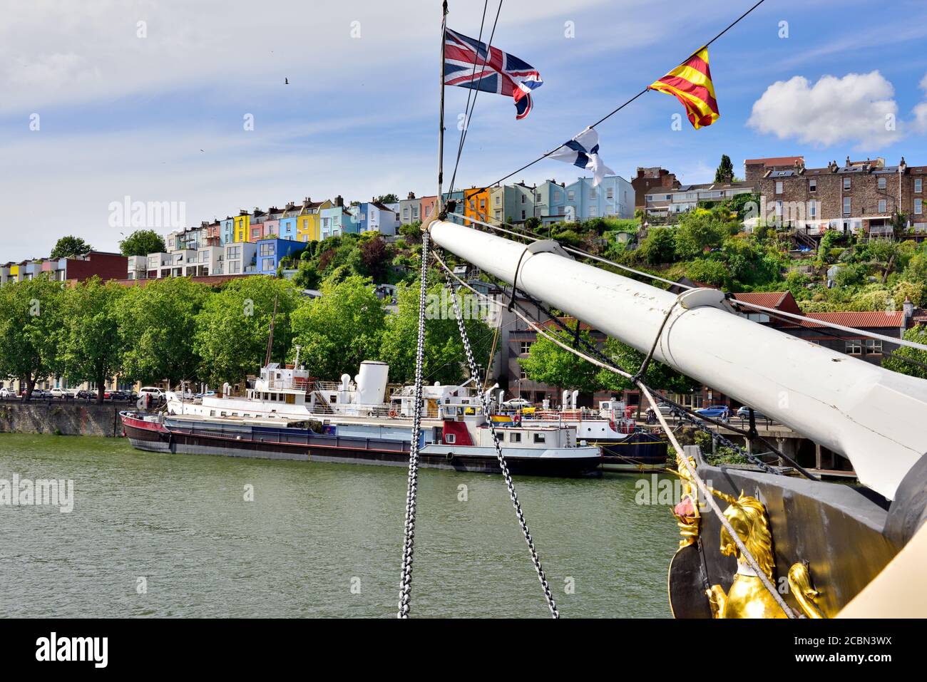On deck, bow of the Brunel's SS Great Britain historic steam ship in Great Western Dockyard in Bristol looking toward houses on hill in Clifton Wood Stock Photo