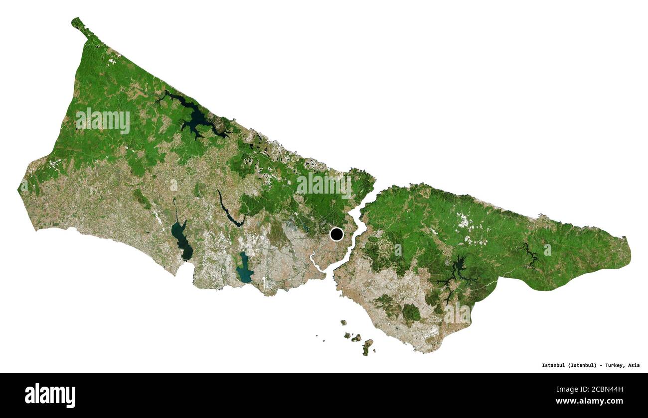 Shape of Istanbul, province of Turkey, with its capital isolated on white background. Satellite imagery. 3D rendering Stock Photo