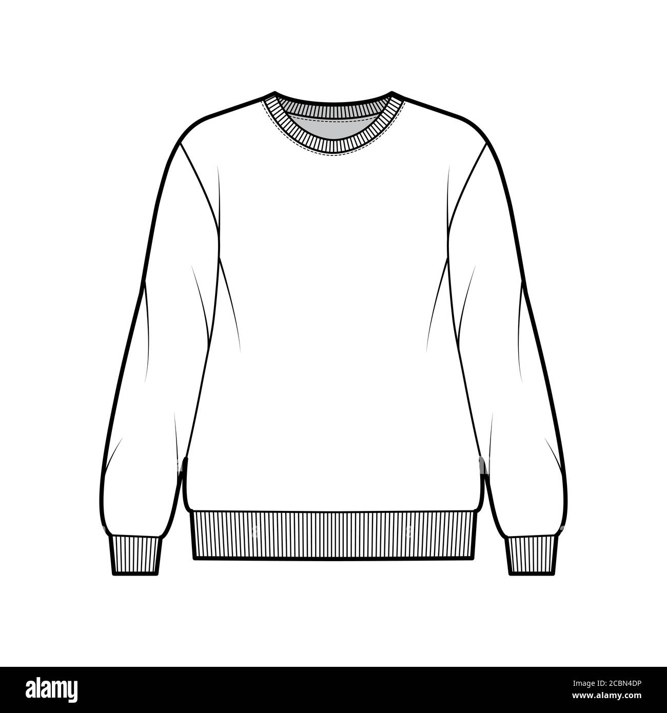 Cotton-terry oversized sweatshirt technical fashion illustration with relaxed fit, crew neckline, long sleeves. Flat outwear jumper apparel template front, white color. Women, men, unisex top CAD Stock Vector