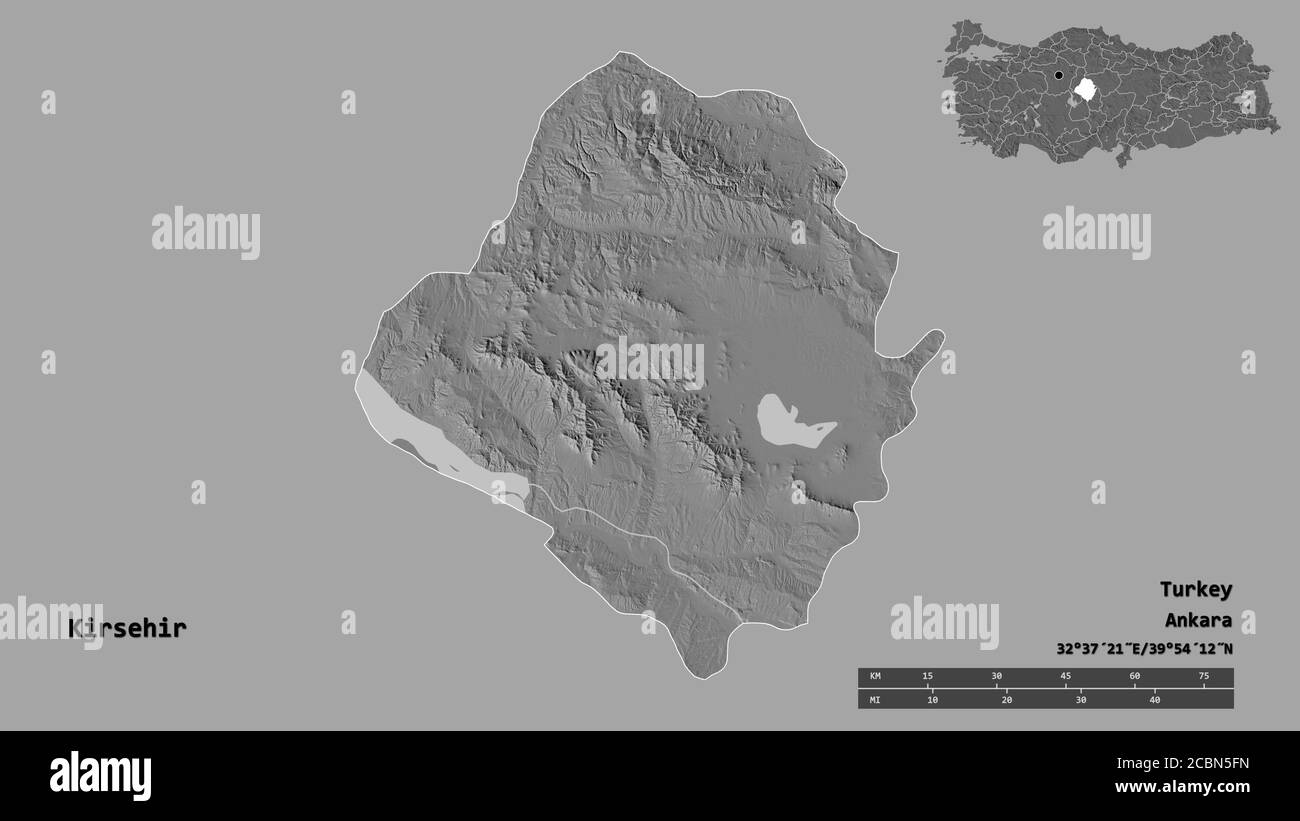 Shape of Kirsehir, province of Turkey, with its capital isolated on solid background. Distance scale, region preview and labels. Bilevel elevation map Stock Photo