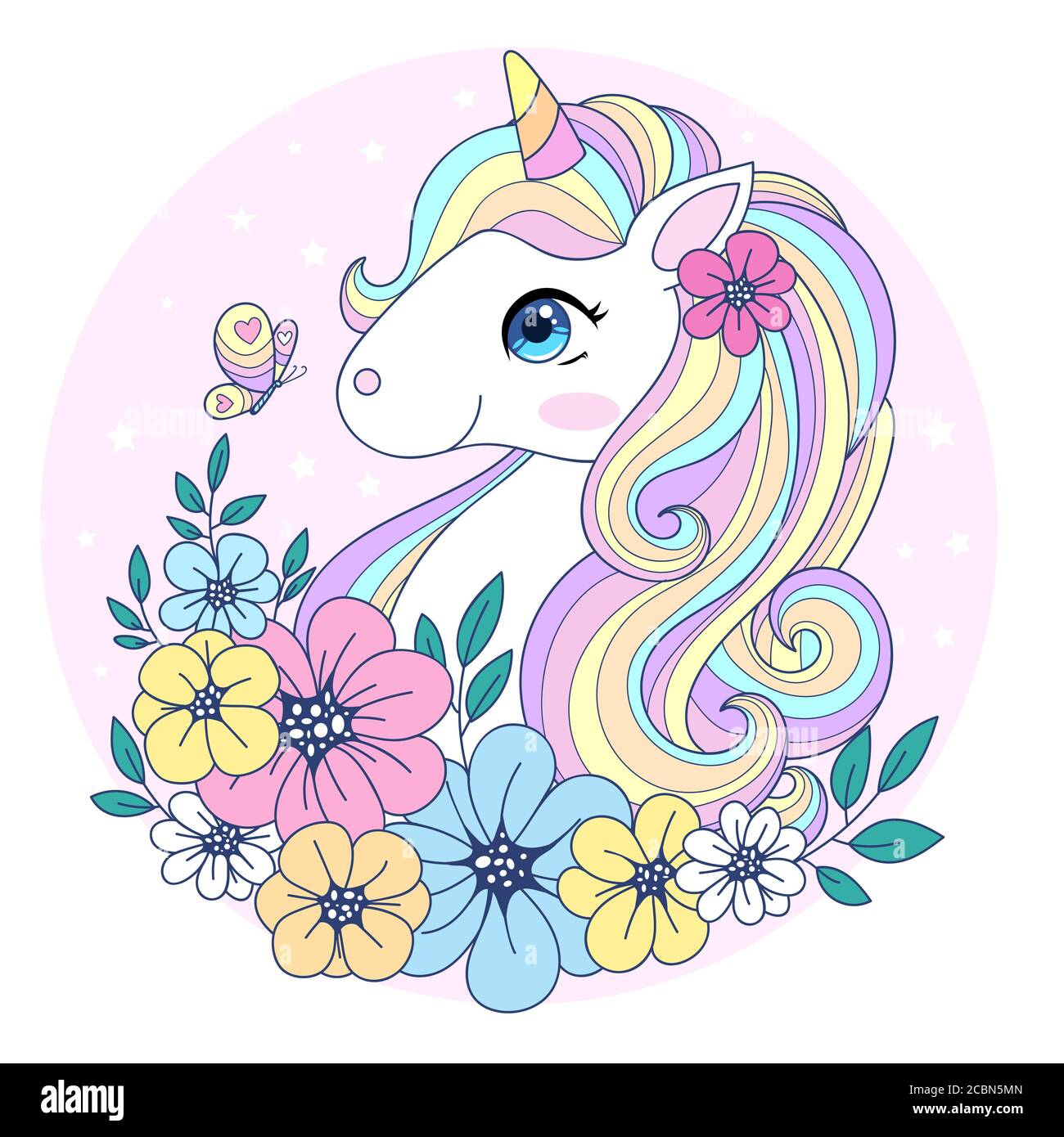 Cute unicorn with surrounded by flowers and butterflies. Fantastic
