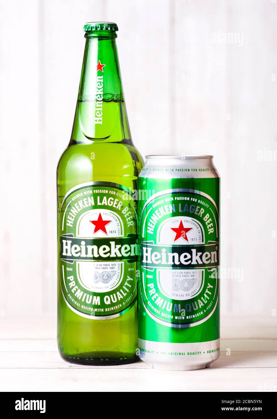 LONDON, UK APRIL 27, 2018 Bottle and aluminium can of Heineken Lager