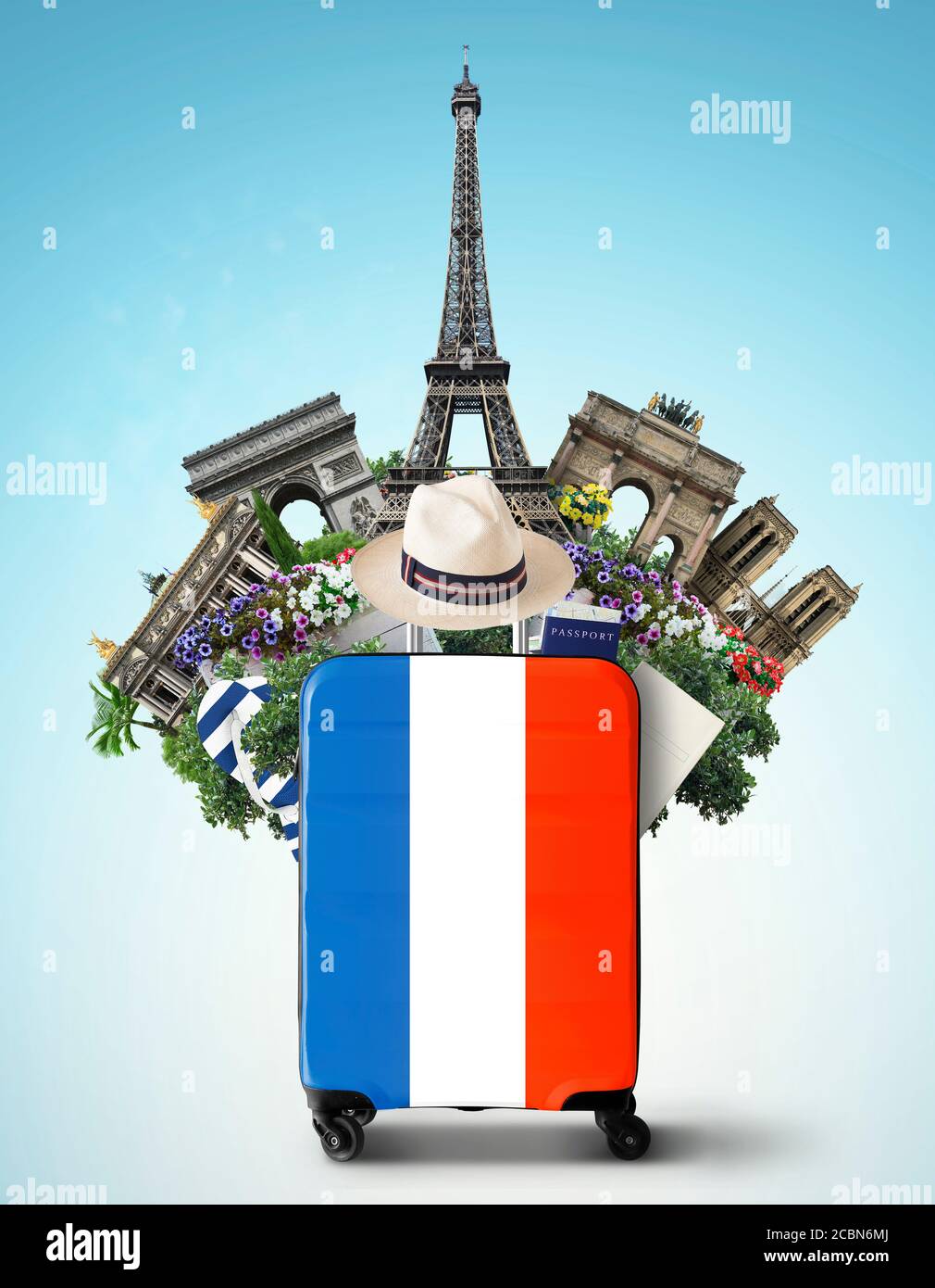 France, modern suitcase with French flag and landmarks Stock Photo
