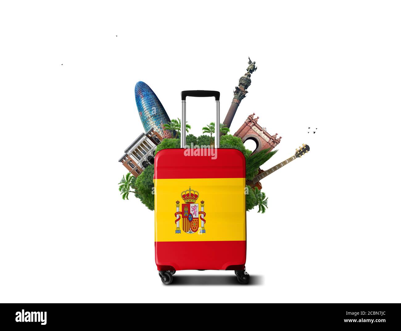 Large suitcase with Spanish flag and attractions Stock Photo Alamy