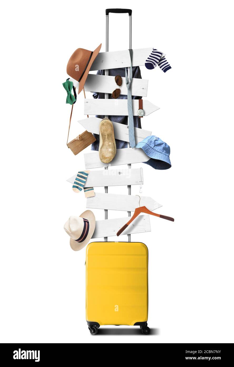 Travel suitcase with wooden signs and hanging clothes and accessories