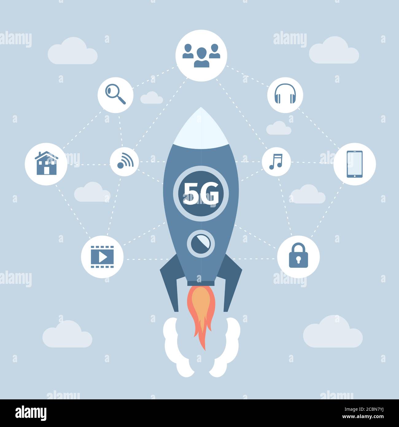 5G network wireless technology vector flat banner concept. Space racket with 5G technology flying and people can share documents and media via wireless high speed communication. Stock Vector