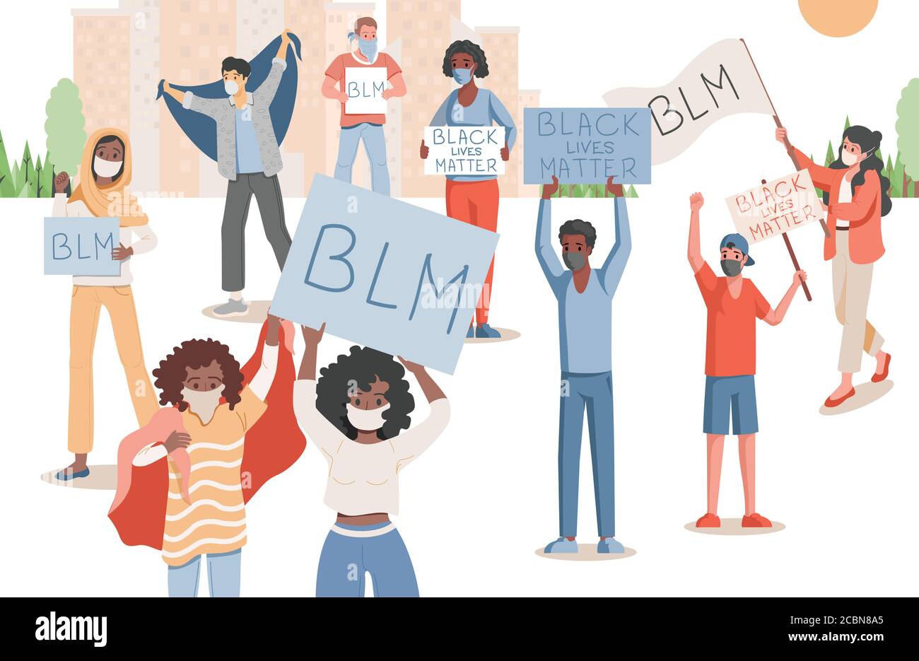People protesting in city park vector flat illustration. Men and women holding placards and flags with Black lives matter words. Stop racism and racial discrimination, all people are equal. Stock Vector