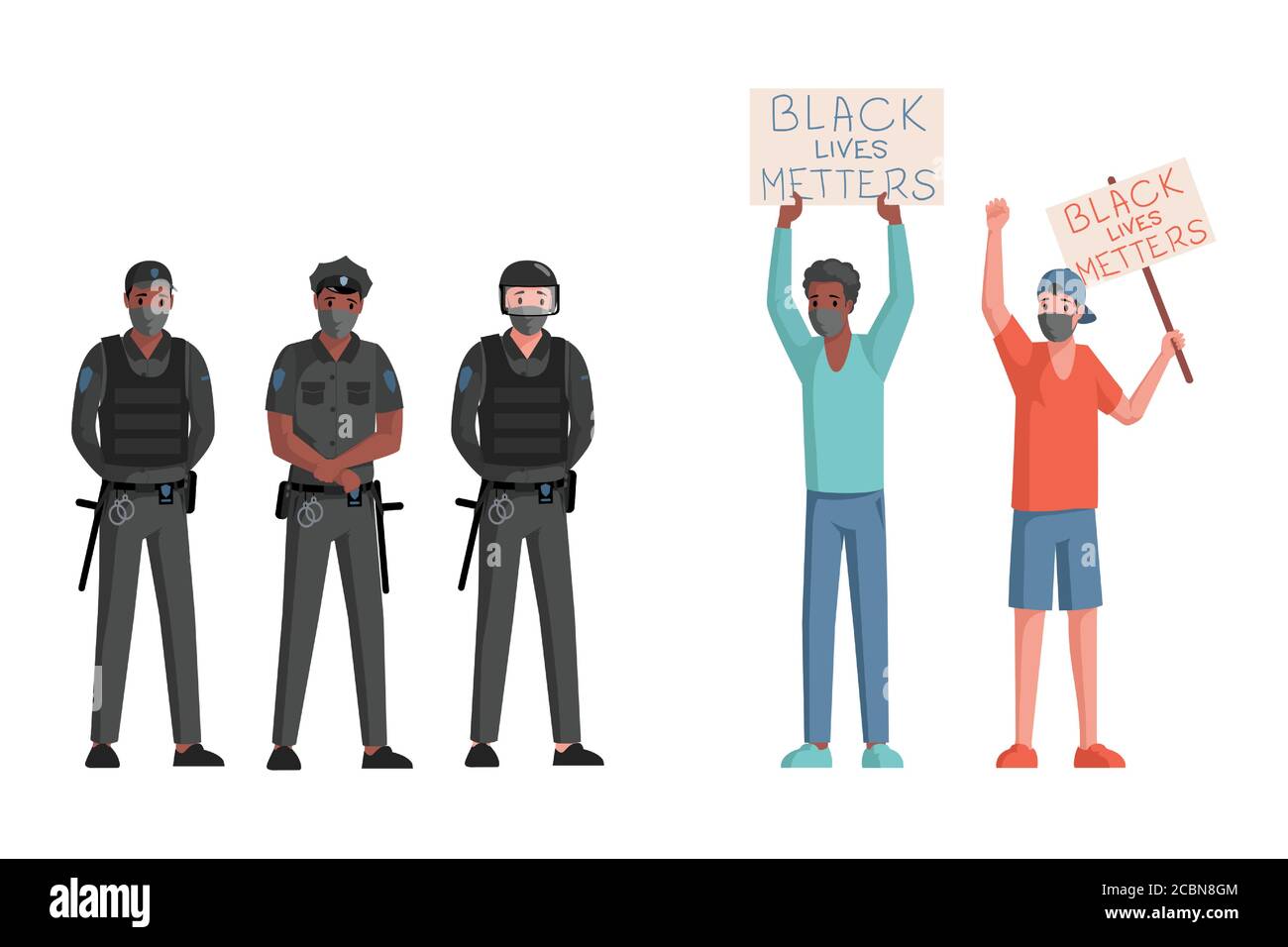 Police officers in uniform and helmets and men in face masks holding placards and banners with Black lives matter words vector flat illustration. Stop racism and racial discrimination concept. Stock Vector
