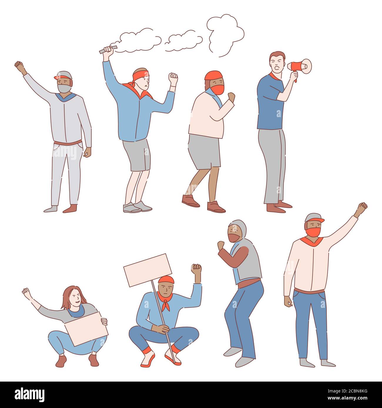 People protesting vector cartoon outline illustration. Angry men holding placards, banners, and loudspeakers and protesting against racism, inequality. Black lives matter concept. Stock Vector