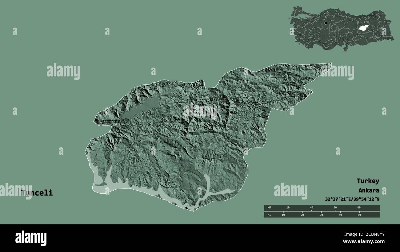 Shape of Tunceli, province of Turkey, with its capital isolated on ...