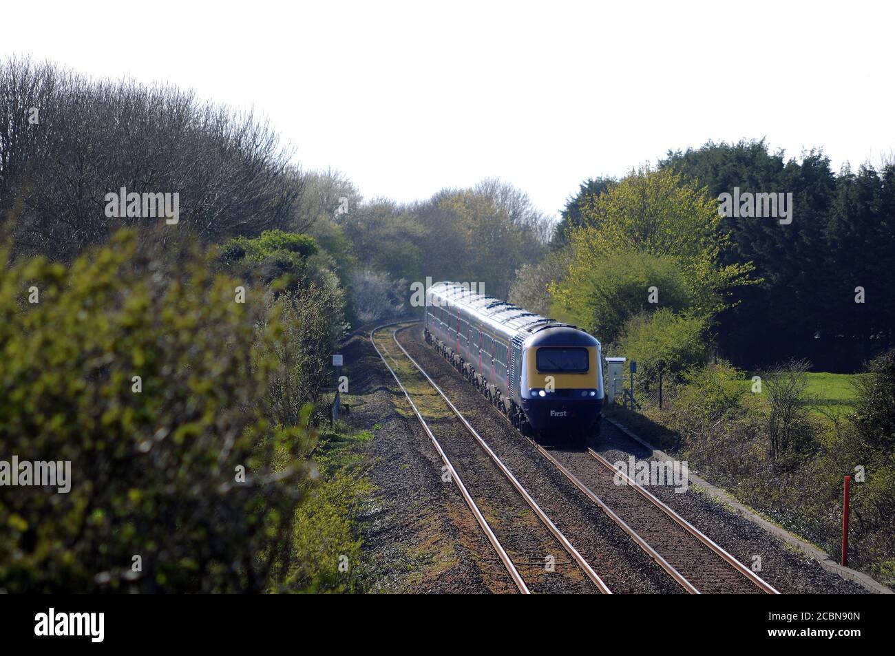 East bound H.S.T. near St. Athan on the Vale of Glamorgan Line due to an engineering possession on the main line. The leading power car is 43140 'Dies Stock Photo
