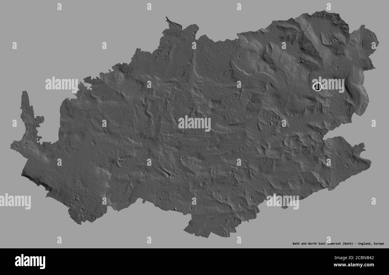 Shape of Bath and North East Somerset, unitary authority of England, with its capital isolated on a solid color background. Bilevel elevation map. 3D Stock Photo