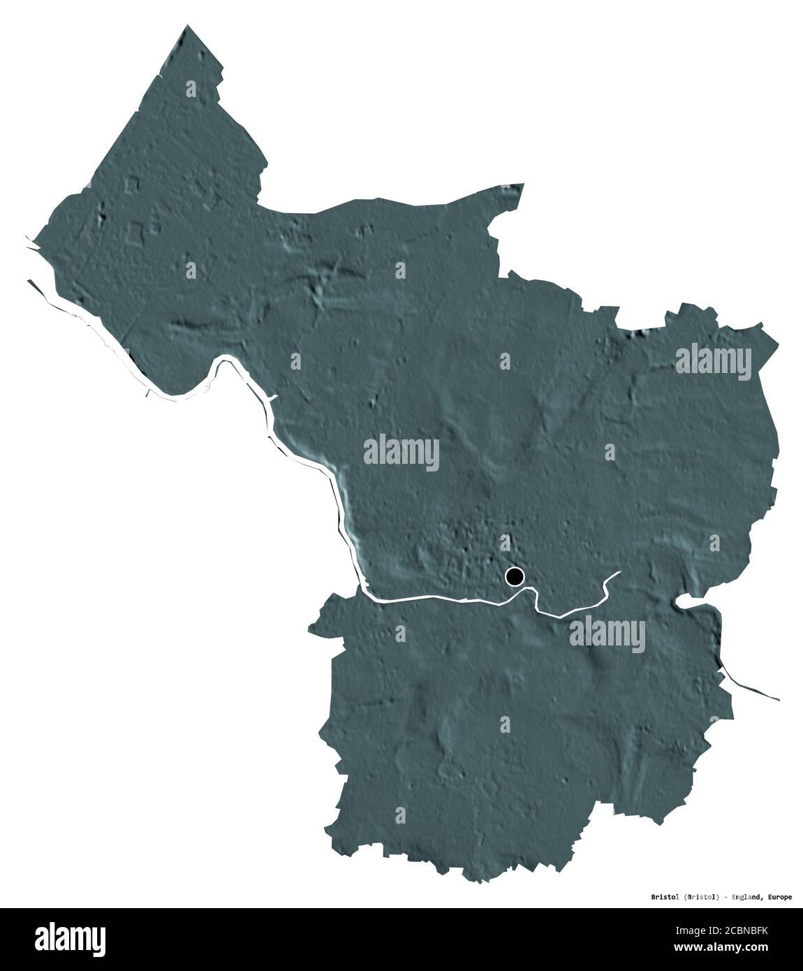 Shape of Bristol, unitary authority  of England, with its capital isolated on white background. Colored elevation map. 3D rendering Stock Photo