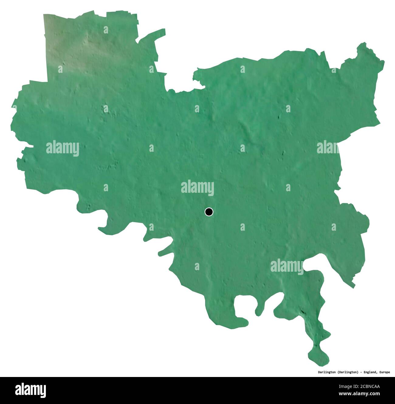 Shape of Darlington, unitary authority of England, with its capital isolated on white background. Topographic relief map. 3D rendering Stock Photo