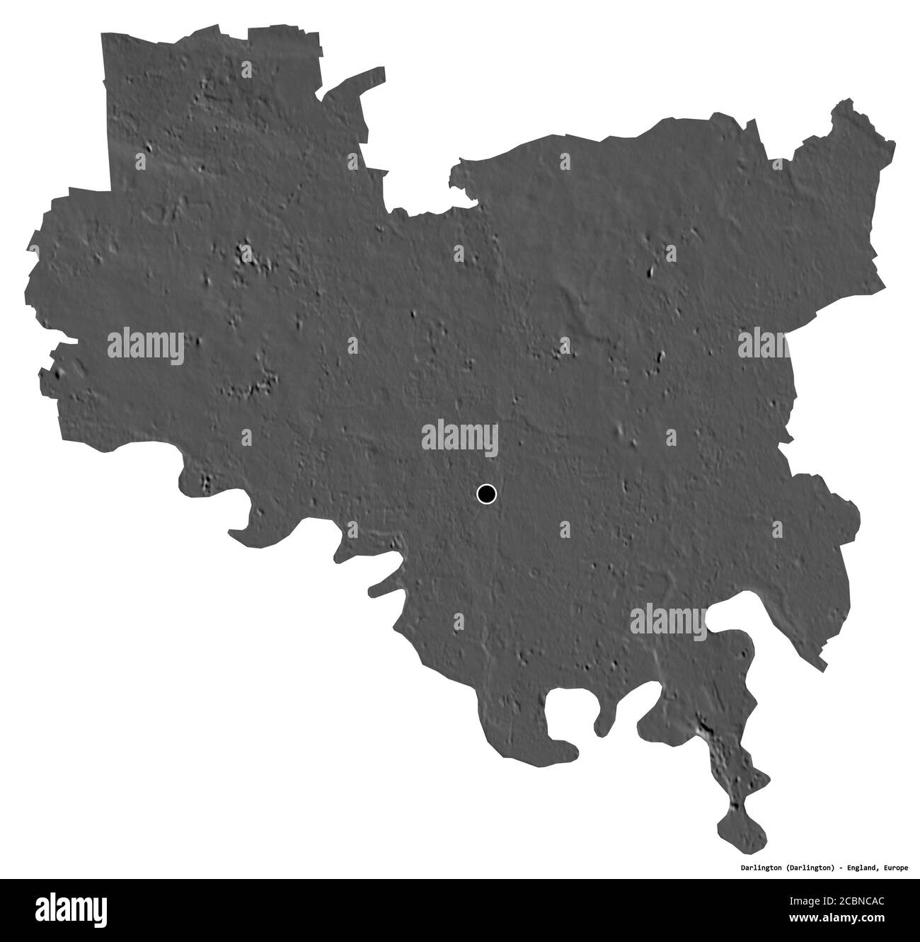 Shape of Darlington, unitary authority of England, with its capital isolated on white background. Bilevel elevation map. 3D rendering Stock Photo