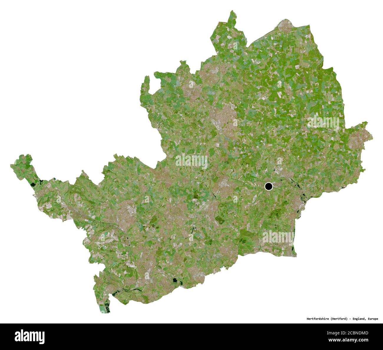 Shape of Hertfordshire, administrative county of England, with its capital isolated on white background. Satellite imagery. 3D rendering Stock Photo