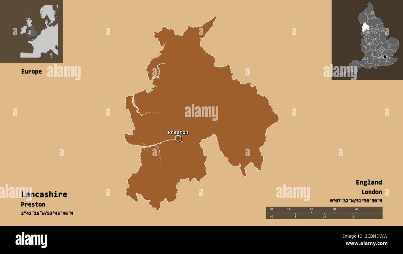 Shape Of Lancashire Administrative County Of England And Its Capital Distance Scale Previews And Labels Composition Of Patterned Textures 3d Ren Stock Photo Alamy