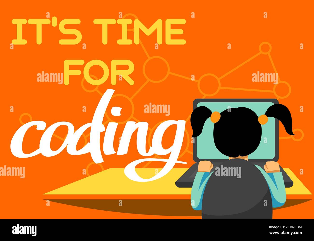 A vector image of a girl sitting at the desk and coding on the laptop ...