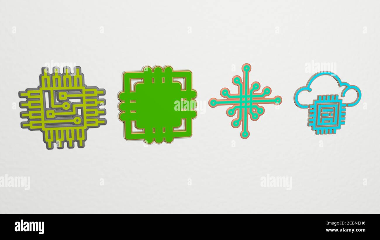 processor 4 icons set, 3D illustration for computer and chip Stock ...