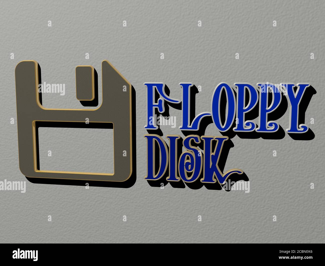 FLOPPY DISK icon and text on the wall, 3D illustration for computer and background Stock Photo