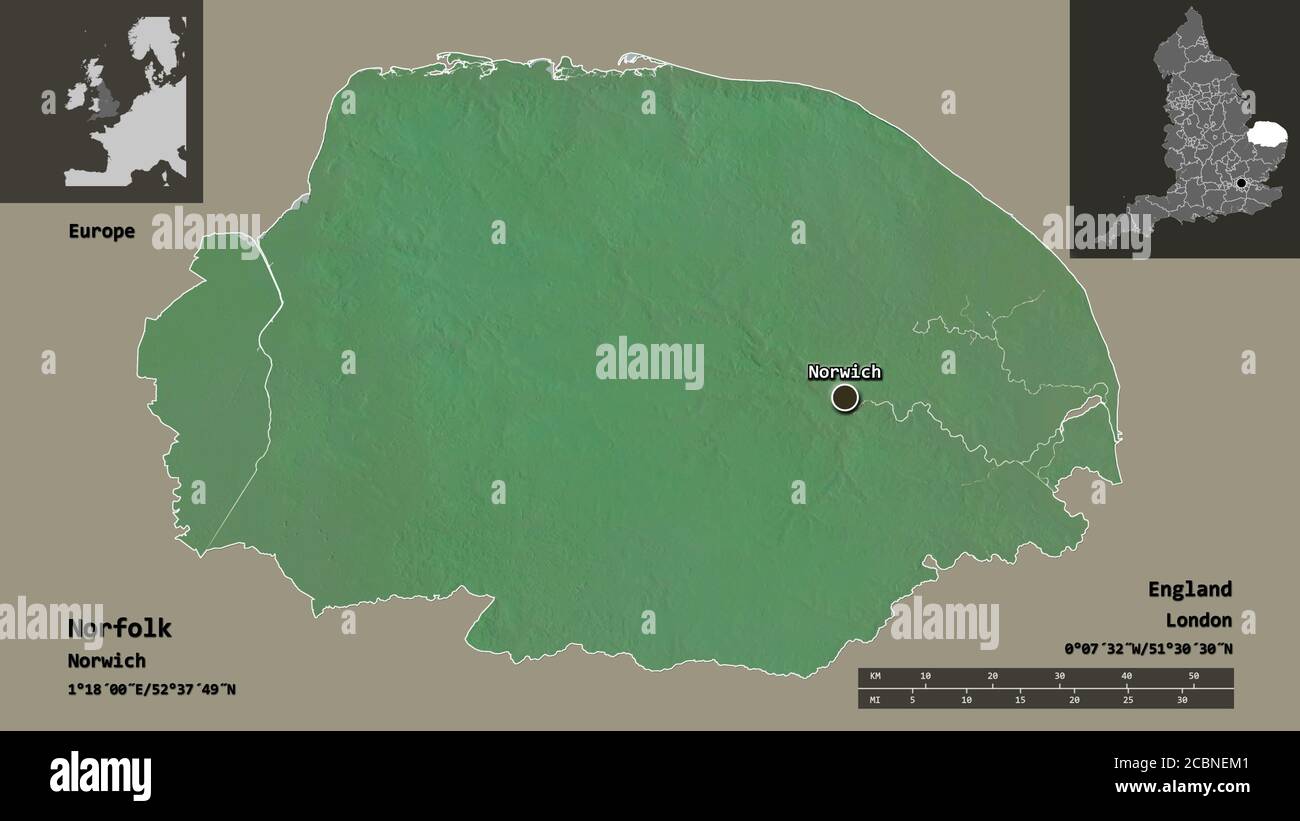 Shape Of Norfolk Administrative County Of England And Its Capital Distance Scale Previews And Labels Topographic Relief Map 3d Rendering Stock Photo Alamy