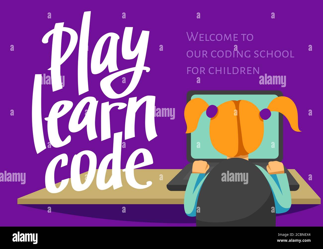 A vector image of a girl sitting at the desk and coding on the laptop ...