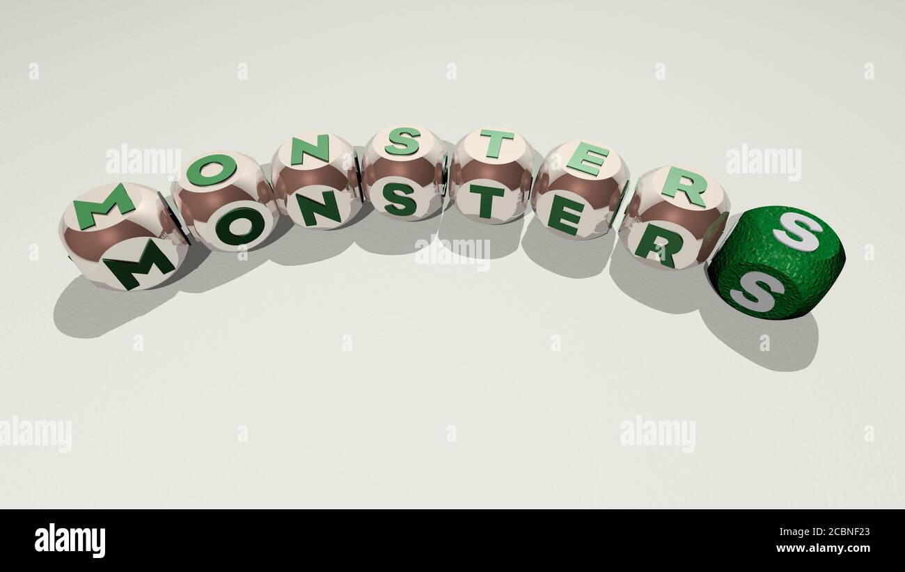 crosswords of monsters arranged by cubic letters on a mirror floor, concept meaning and presentation for illustration and cartoon. 3D illustration Stock Photo
