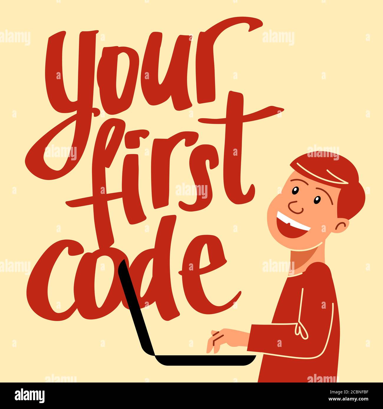 A square image of the boy who studies coding. A vector image for a flyer or a poster for the chidren coding school Stock Vector