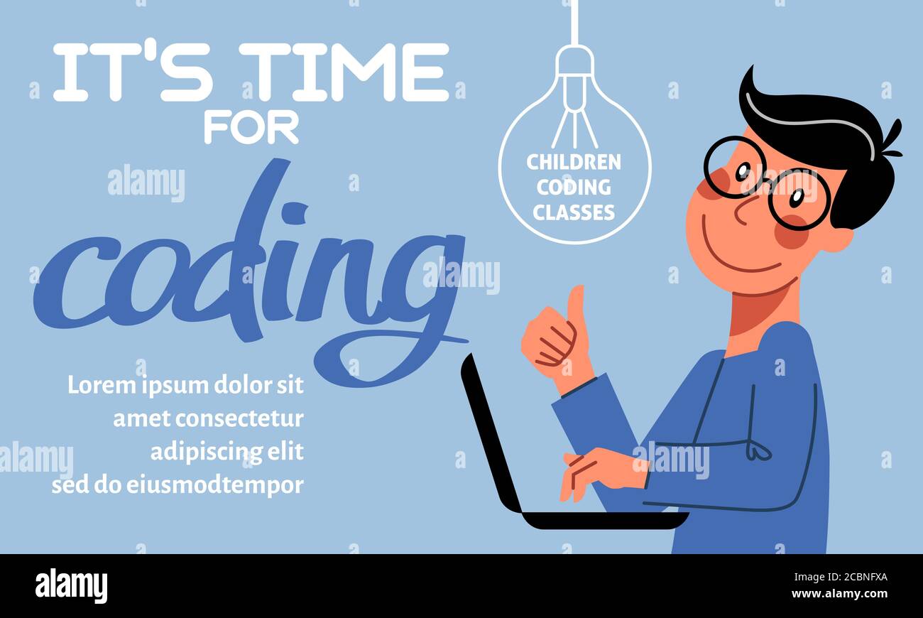 A horizontal image of the boy who studies coding. A vector image for a ...