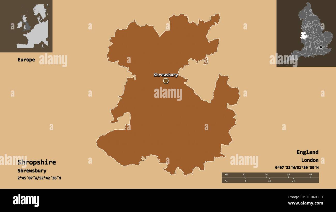 Shape Of Shropshire Administrative County Of England And Its Capital Distance Scale Previews And Labels Composition Of Patterned Textures 3d Ren Stock Photo Alamy