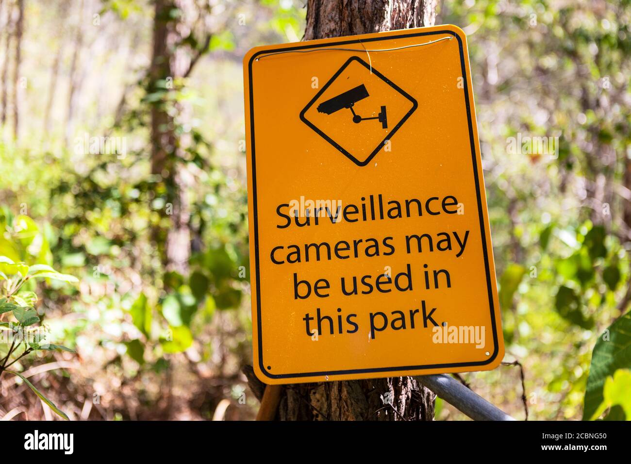 Warning sign about surveillance cameras in the park Stock Photo Alamy